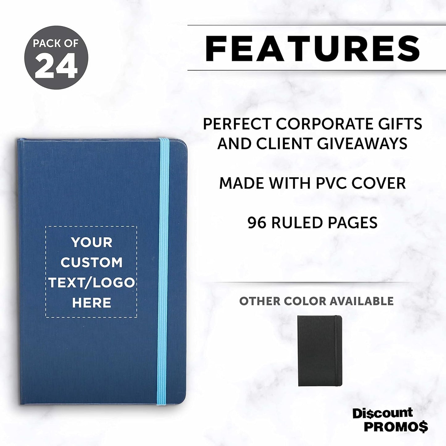 DISCOUNT PROMOS Custom Hardcover Notebook Journals with Elastic Colored Band Set of 24, Personalized Bulk Pack - Perfect for School, Office, Home - Blue