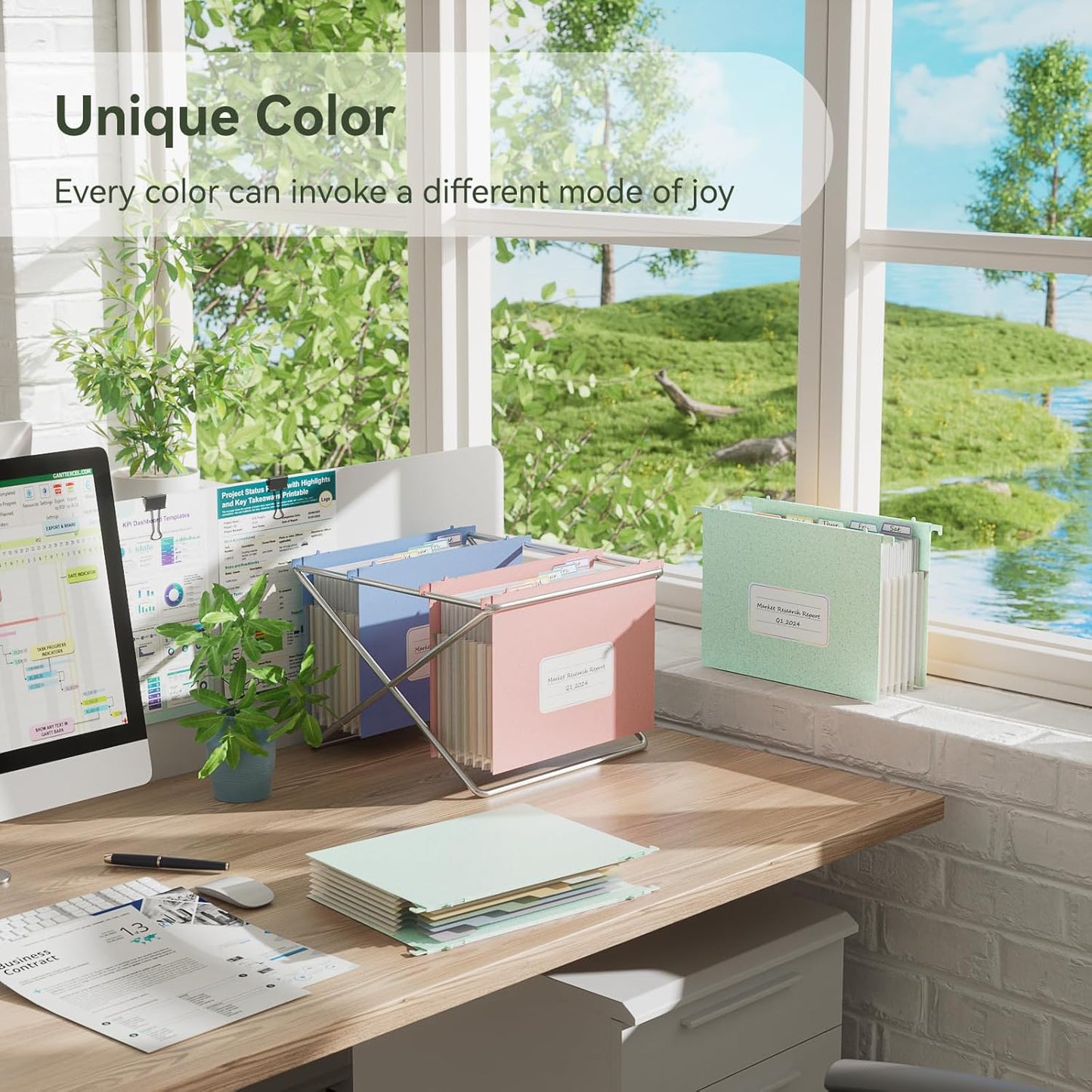 Wheat Straw Expanding Hanging File Folders, File Organizer, 1.2" Accordion Pockets, Large Capacity, Letter Size for Filing Cabinet, 100% BPA Free, Return to Nature, Healthy Living-Mint Green