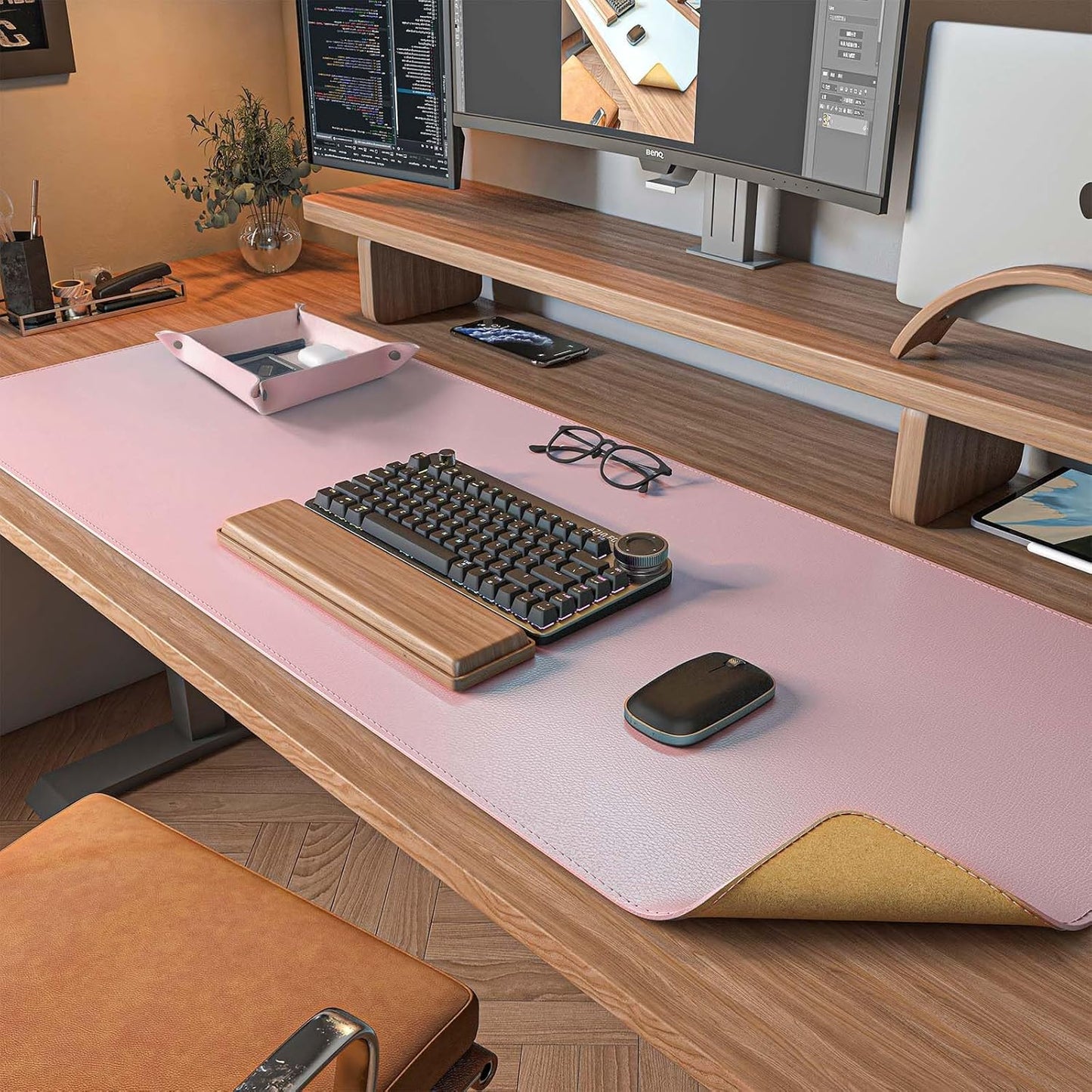 DAWNTREES Pink Desk Mat,Leather Desk Pad,40"x16",Cork Desk Mat Protector,with PU Leather Valet Tray Organizer,Large Mouse Pad,Desk Writing Pad for Office and Home
