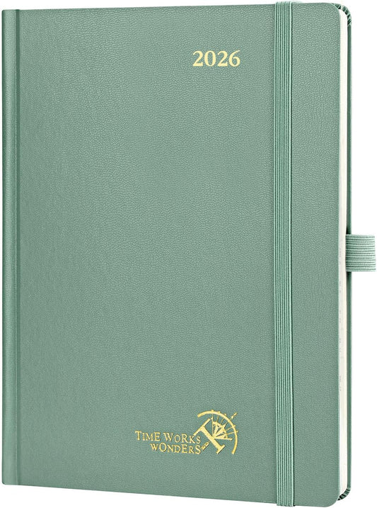 POPRUN 2026 Planner (Medium Size 8.5''x 6.5'' Hardcover) - Daily Weekly and Monthly Calendar Agenda 2026 Appointment Book with Hourly Time Slots, Monthly Tabs, 100 GSM - Midnight Green