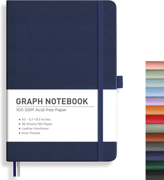 RETTACY Graph Grid Paper Notebook, 192 Pages, A5 Medium Size (5.7'' x 8.3''), 5 Squares per Inch, Leather Hardcover, 100 GSM Thick Paper, for School, Students, Math, Engineering (Navy Blue)