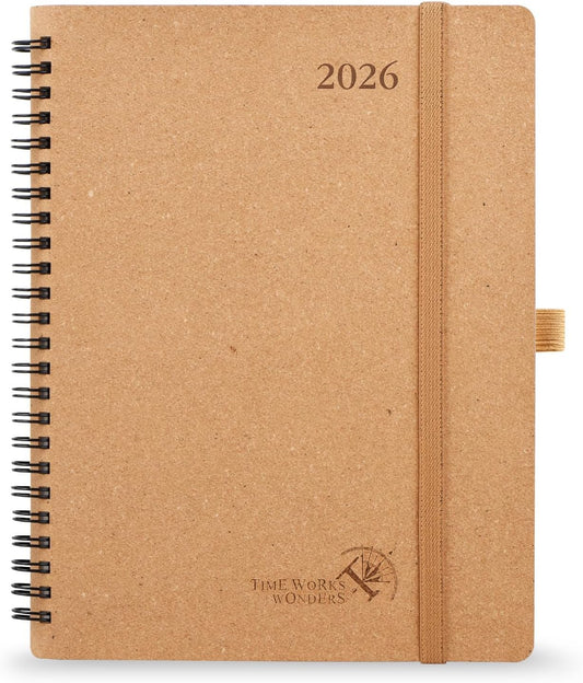 POPRUN 2026 Planner - 2026 Recycled Weekly Planner [Italian Regenrated Leather - Medium Size 6.5'' x 8.5''] - 2026 Weekly Planner with Hourly Schedule, Monthly Tabs-26-WERO7-DST - Desert Brown