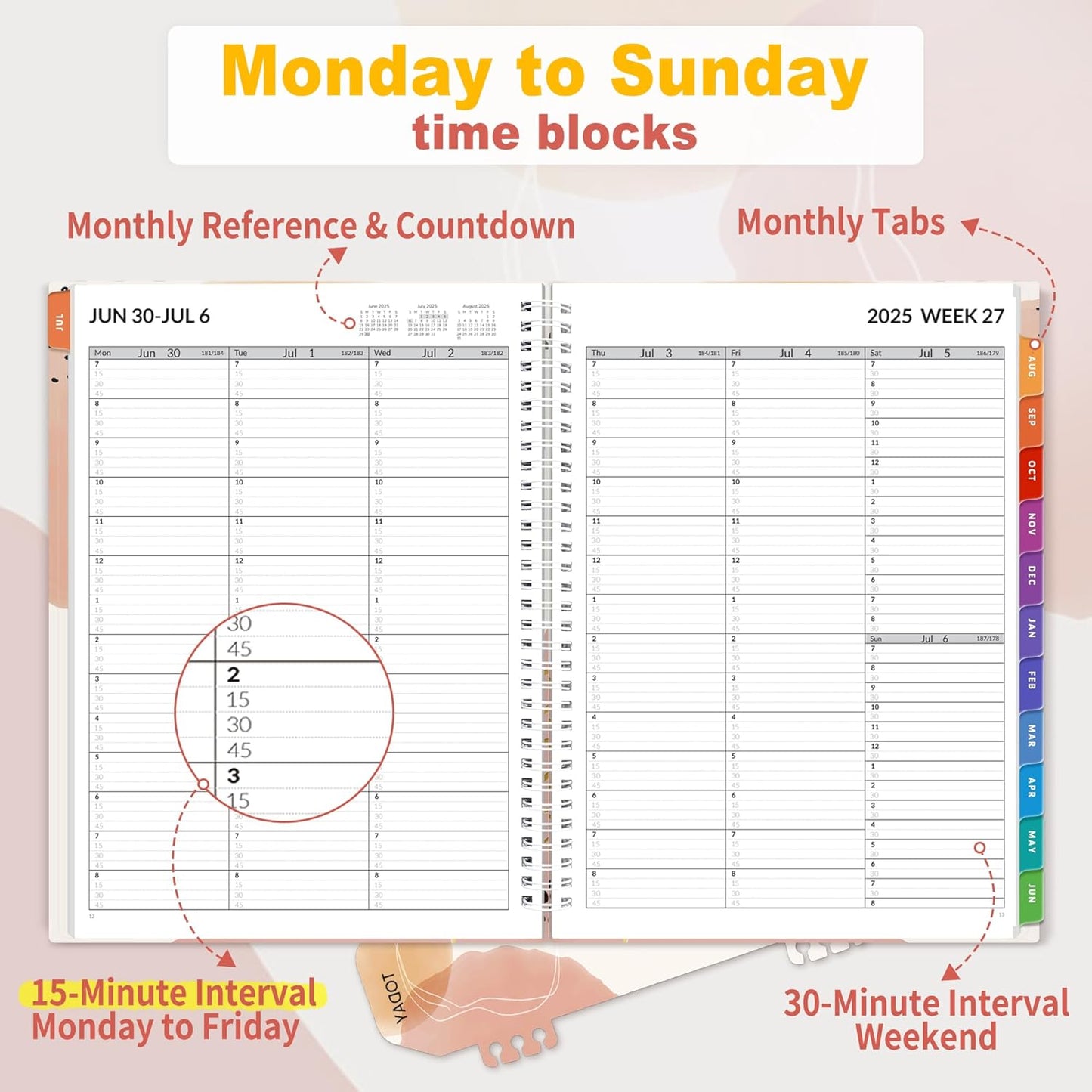 SUNEE 2025-2026 Appointment Book, Quarter-Hourly, Weekly & Monthly - from July 2025 to June 2026, 8.5"x11" Academic Planner, Flexible Cover, Note Pages, Bookmark, Spiral Binding, Blushing Abstract