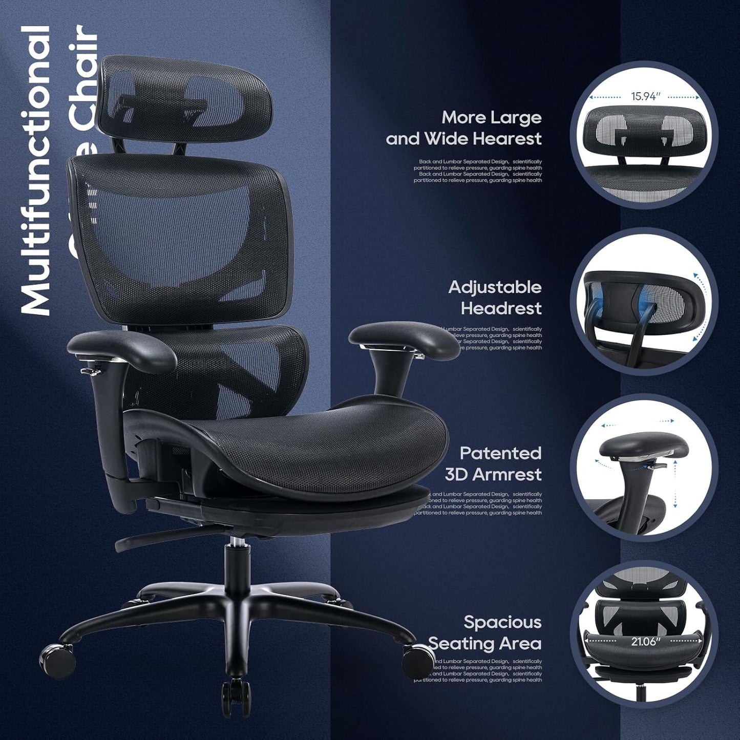 COLAMY Ergonomic Mesh Office Chair with Footrest, Executive High Back Computer Desk Chair with Wide Headrest and Adjustable 3D Arms, Backrest, Tilt Lock and Lumbar Support(Black)