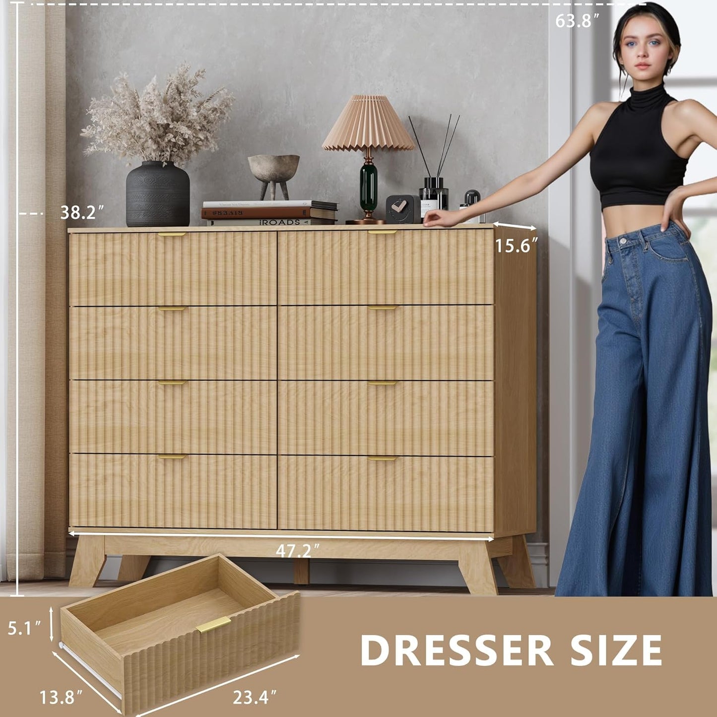 Fluted 8 Drawer Tall Dresser, 47.2" Wide Modern Boho Chest of Drawers, Wooden Storage Dresser TV Stand for Bedroom, Living Room, Closet, Hallway, Curved Profile Design