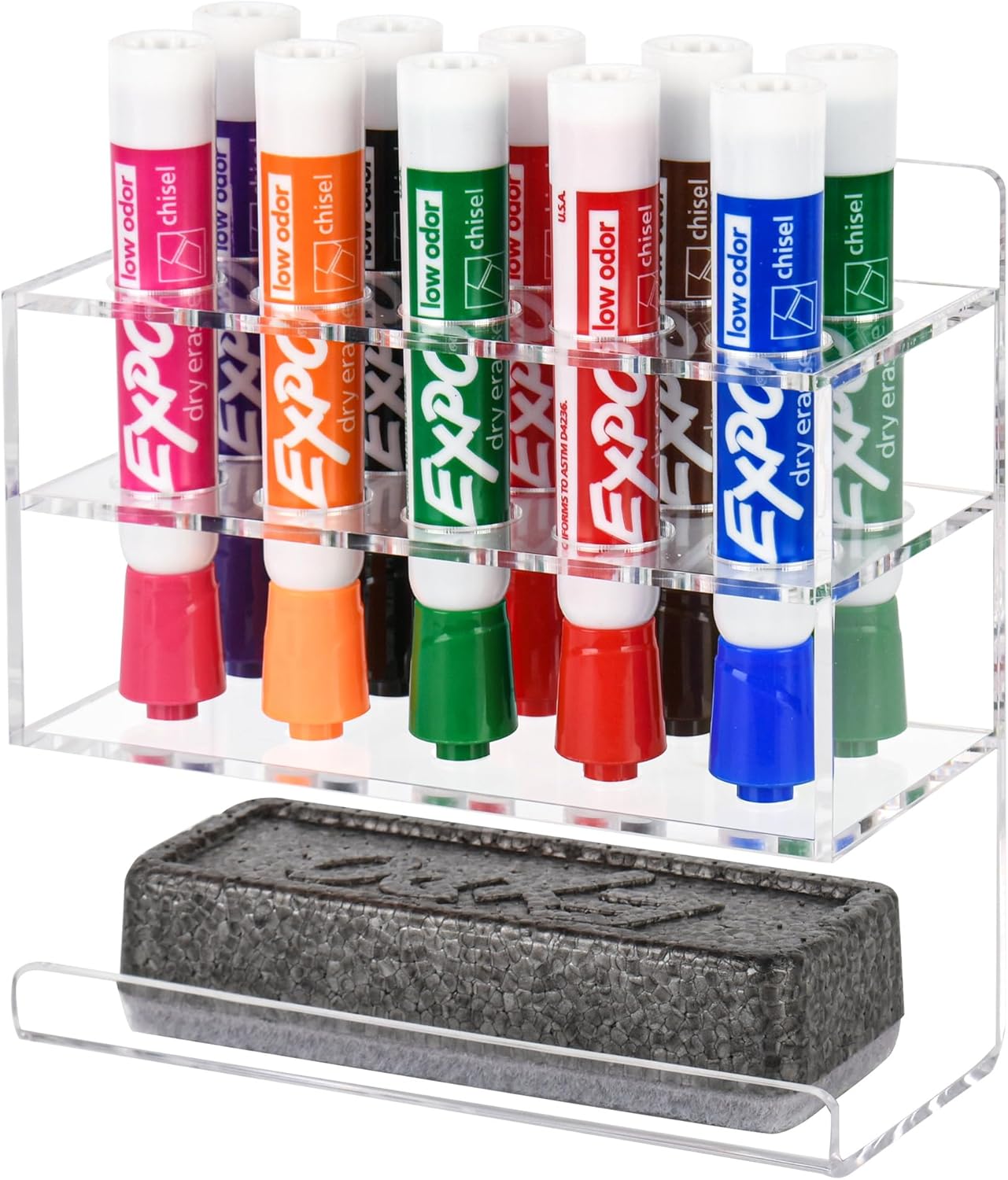 Dry Erase Marker Holder, Wall Mounted Acrylic Marker Holder with 10 Slots, Sticky Pen Storage for Classroom Organization, Whiteboard, Office, Clear