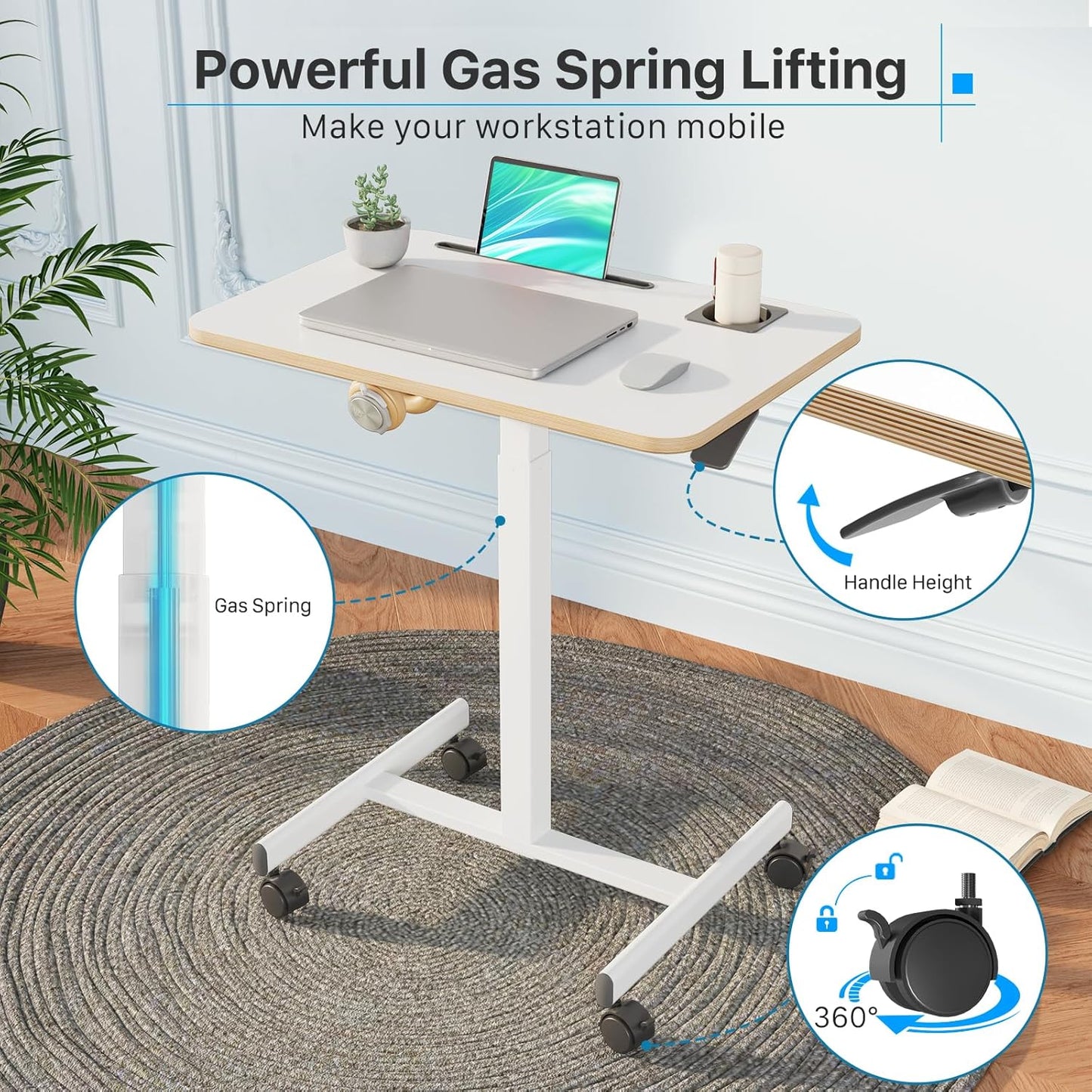 Mobile Standing Desk, Rolling Laptop Cart Adjustable Height with Cup Holder, 28 inch Portable Table with 4 Lockable Wheels, White Computer Workstation with Hook and Slots for Home Office