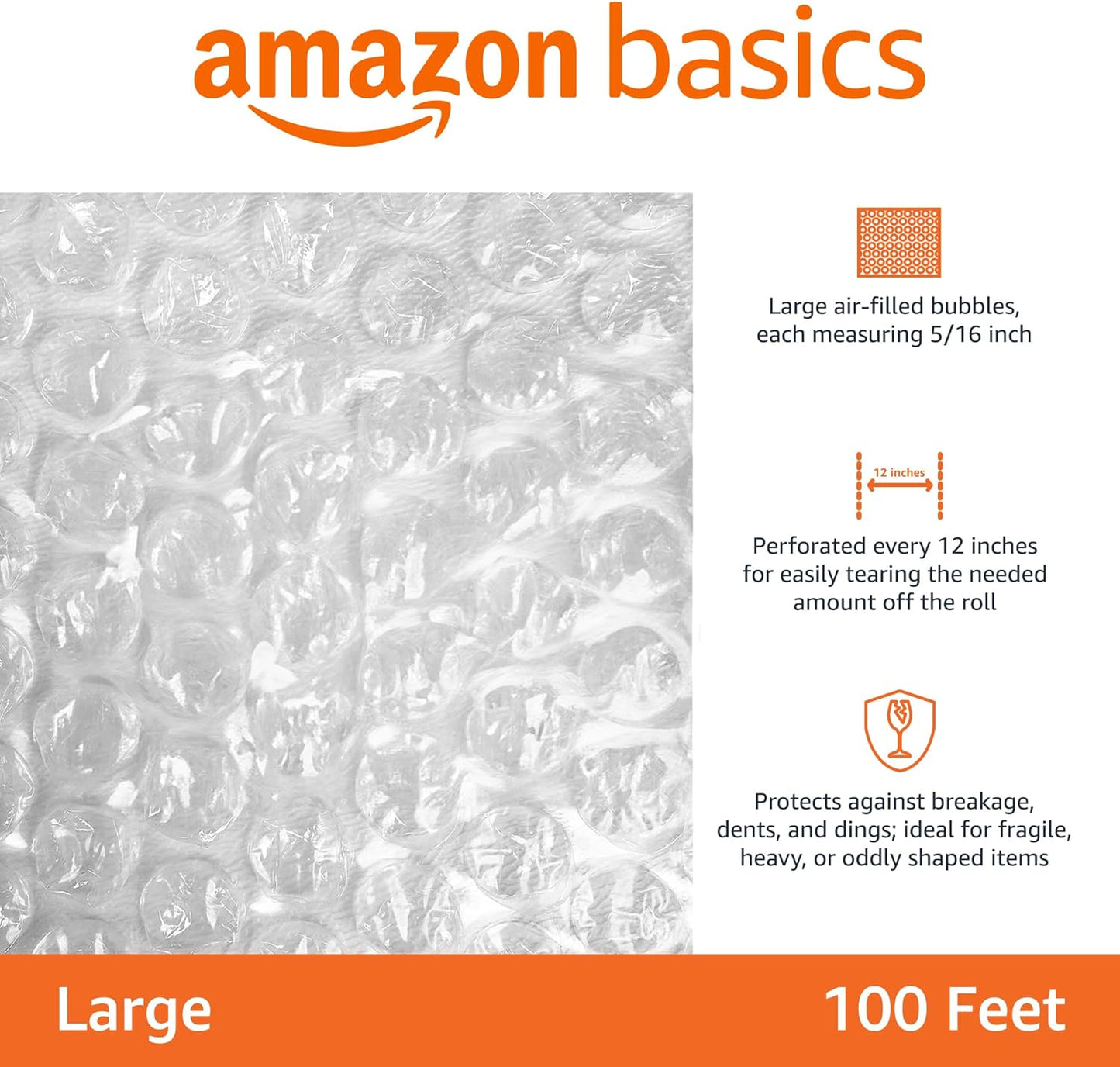 Amazon Basics Bubble Cushioning Wrap Packing Material for Fragile Items, 12-Inch x 100-Foot Long Roll, Large, Clear