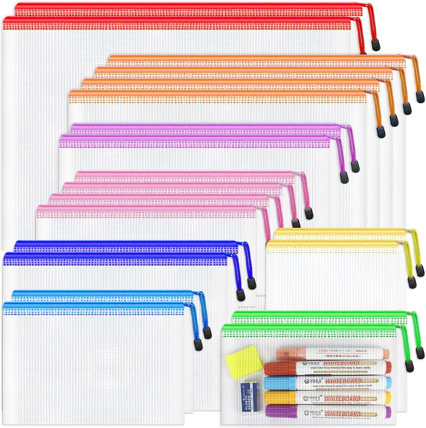 Smarpau 20pcs Mesh Zipper Pouch, 8 Sizes Plastic Zipper Pouches for Organizing, 8 Colors Waterproof Plastic Document Bags for Board Game Storage, Travel, Office Supplies