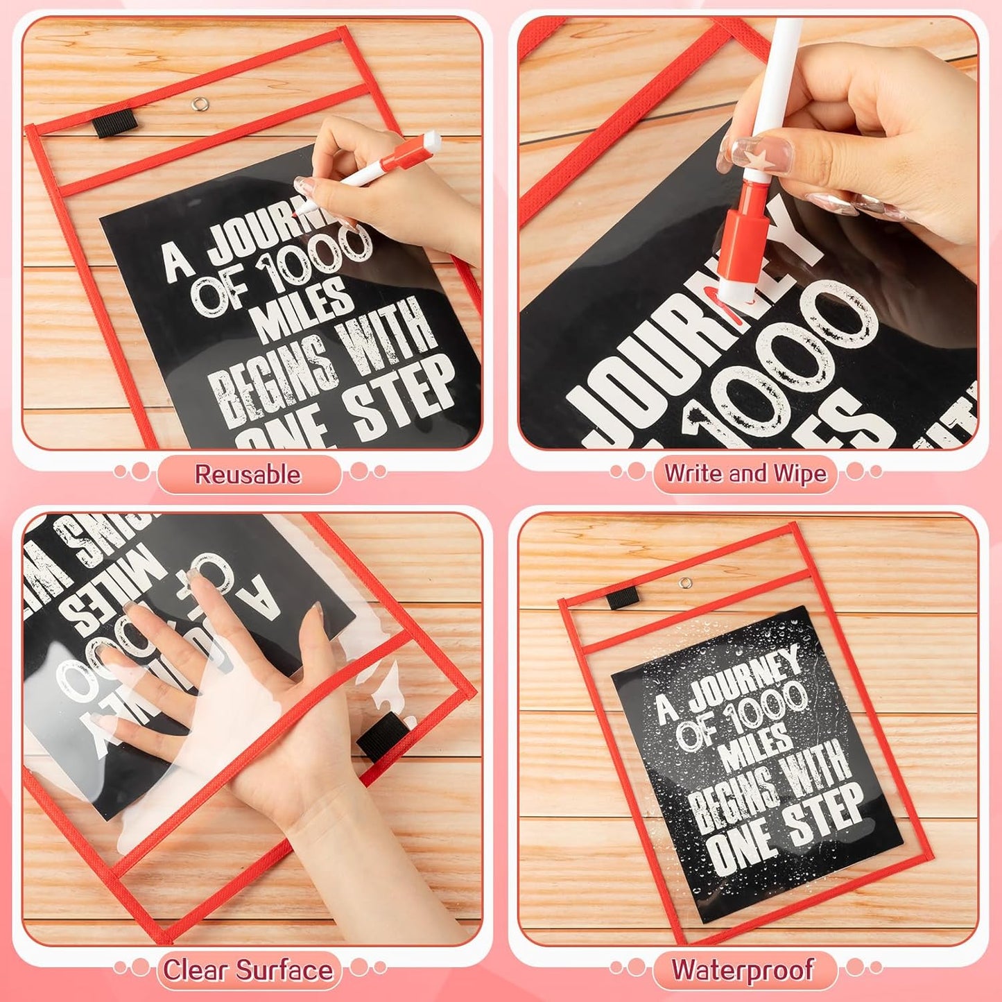 Seajan 120 Pcs Clear Dry Erase Pockets Plastic Sleeves for Paper 14 x 10 Inch Reusable Job Holder Shop Ticket Holders Order Pockets Organizer Teacher Supplies for Classroom (Red)