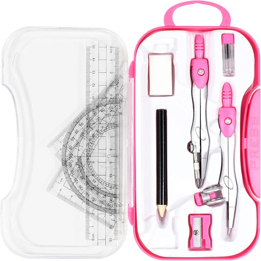 10 Pieces Math Geometry Kit Set Student Supplies with Shatterproof Storage Box,Includes Rulers,Protractor,Compass,Eraser,Pencil Sharpener,Lead Refills,Pencil,for School and Drawings（Pink）
