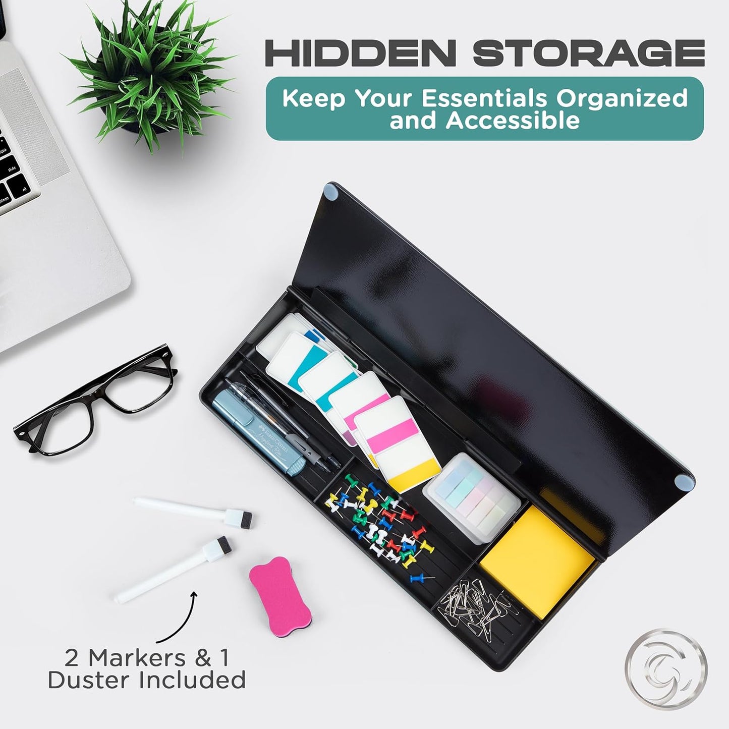 Glass Desktop Whiteboard for Quick Notes & Reminder – Desk Storage with Drawer – Compact Desk Organizer Whiteboard – Small Dry Erase Board - Desktop Accessories for Home Office (Black)