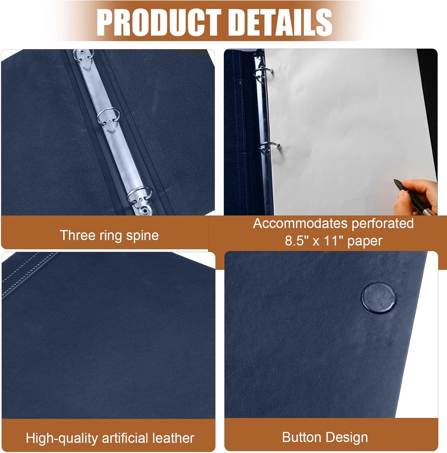Leather 3 Ring Binder Holds 8.5 x 11 Inch Paper Binder Organizer Vintage Faux Leather Portfolio Folder Planner for Office Home Document Photo Diary Supplies(Navy Blue)