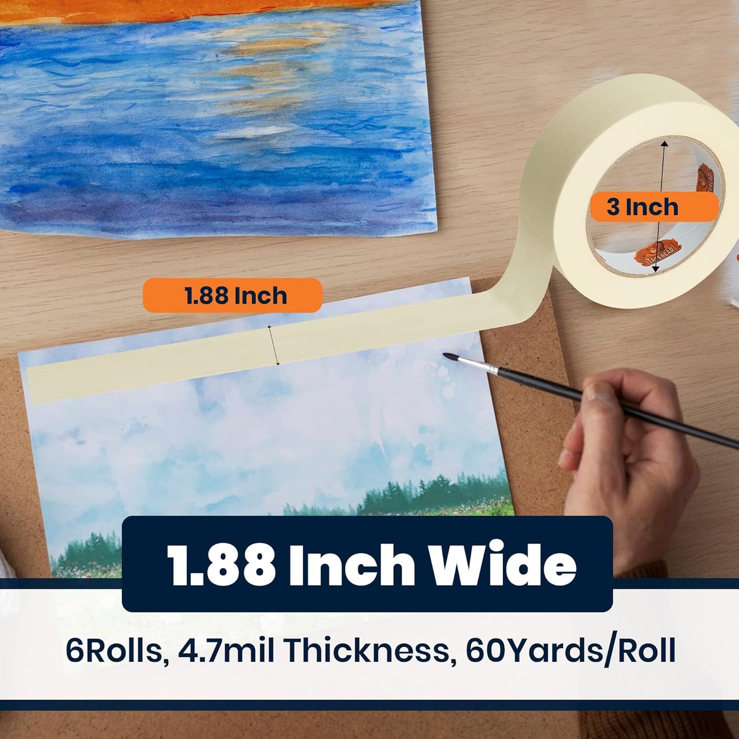 General Purpose Masking Tape 1.88 Inches x 60 Yards, Beige White Painters Tape for Painting, Labeling, DIY Arts Crafts, Home Office School Projects, 6 Rolls