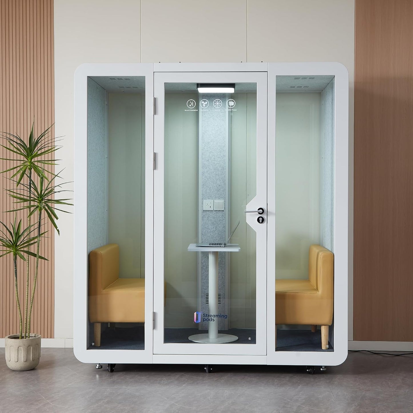 GEARONIC Mobile Office Pod Booth, Standard Sound Proof Office Pod for 2 People, Sound Pod Booth with Mobile Roller, LED Lighting System,Fans and AC USB Ports