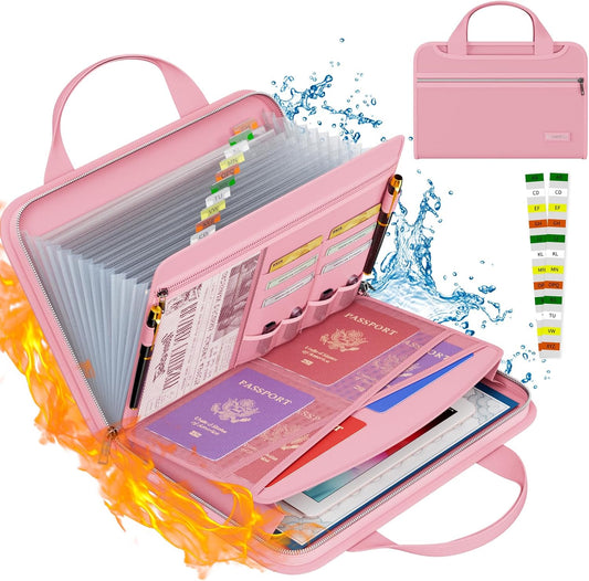 Tamfile Fireproof Accordion File Organizer with Handle, 13 Pocket Expanding File Folder with Zipper & Labels, File Folder with Multi-Pockets Paper Organizer Folder for Letter A4 Files, Pink