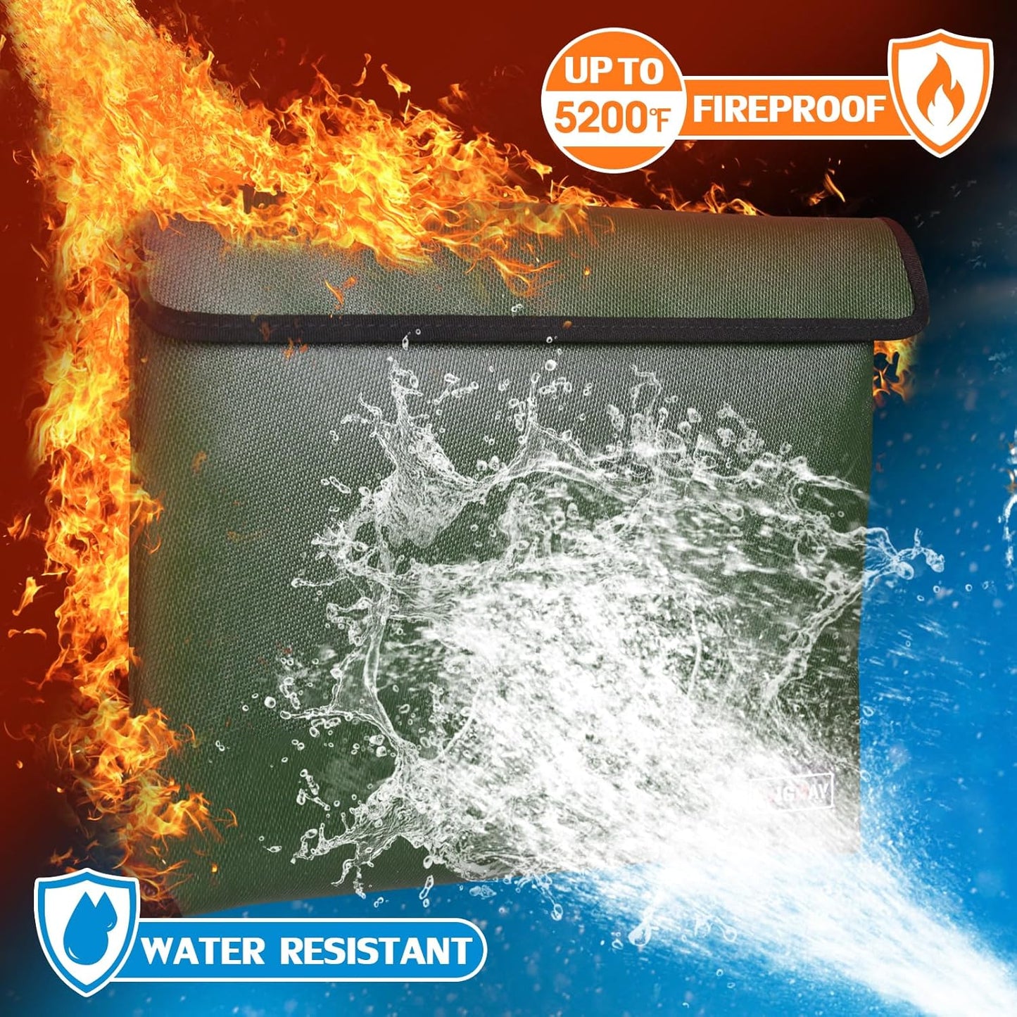 Fireproof Document Bag - with 5200°F Heat Insulated, Waterproof Fireproof Bag with Zipper, Fireproof Money Bag for Cash/Documents/Valuables, Fire bag (Green, 11"x7.7")