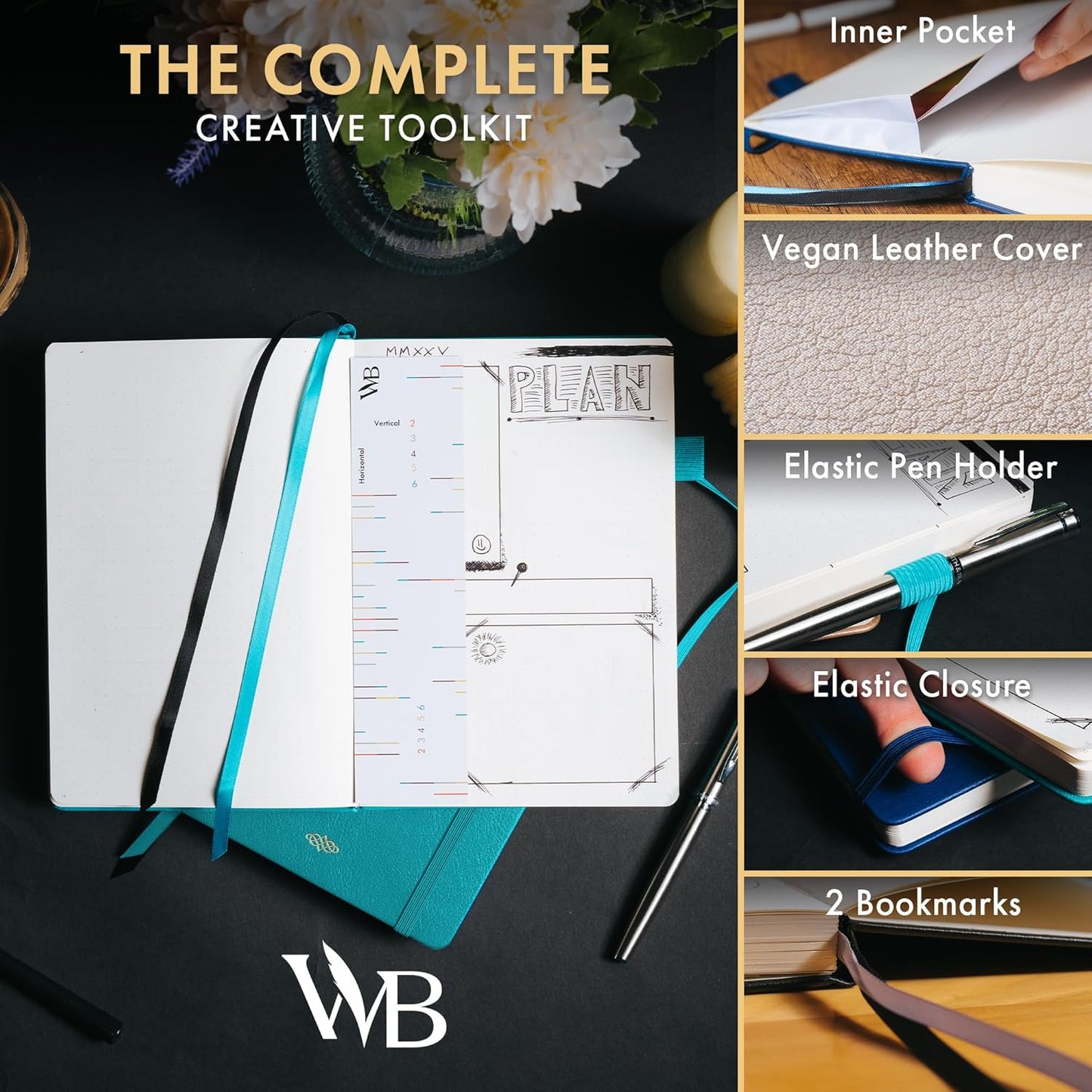 Wordsworth & Black A5 Bullet Dotted Journal 216 Dotted Pages, Hardcover Grid Dot Leather, 120 GSM Paper,Journaling Notebook for Work & Sketching,Journals for Women,Men-Gifts Box Included Turquoise