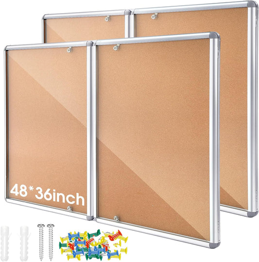 2 Pack Enclosed Bulletin Board 48"x36" Weather Resistant Lockable Enclosed Notice Cork Case Display Board Wall Mounted 2 Locking Door Aluminum Frame for Back to School Classroom, 12xA4(Brown)
