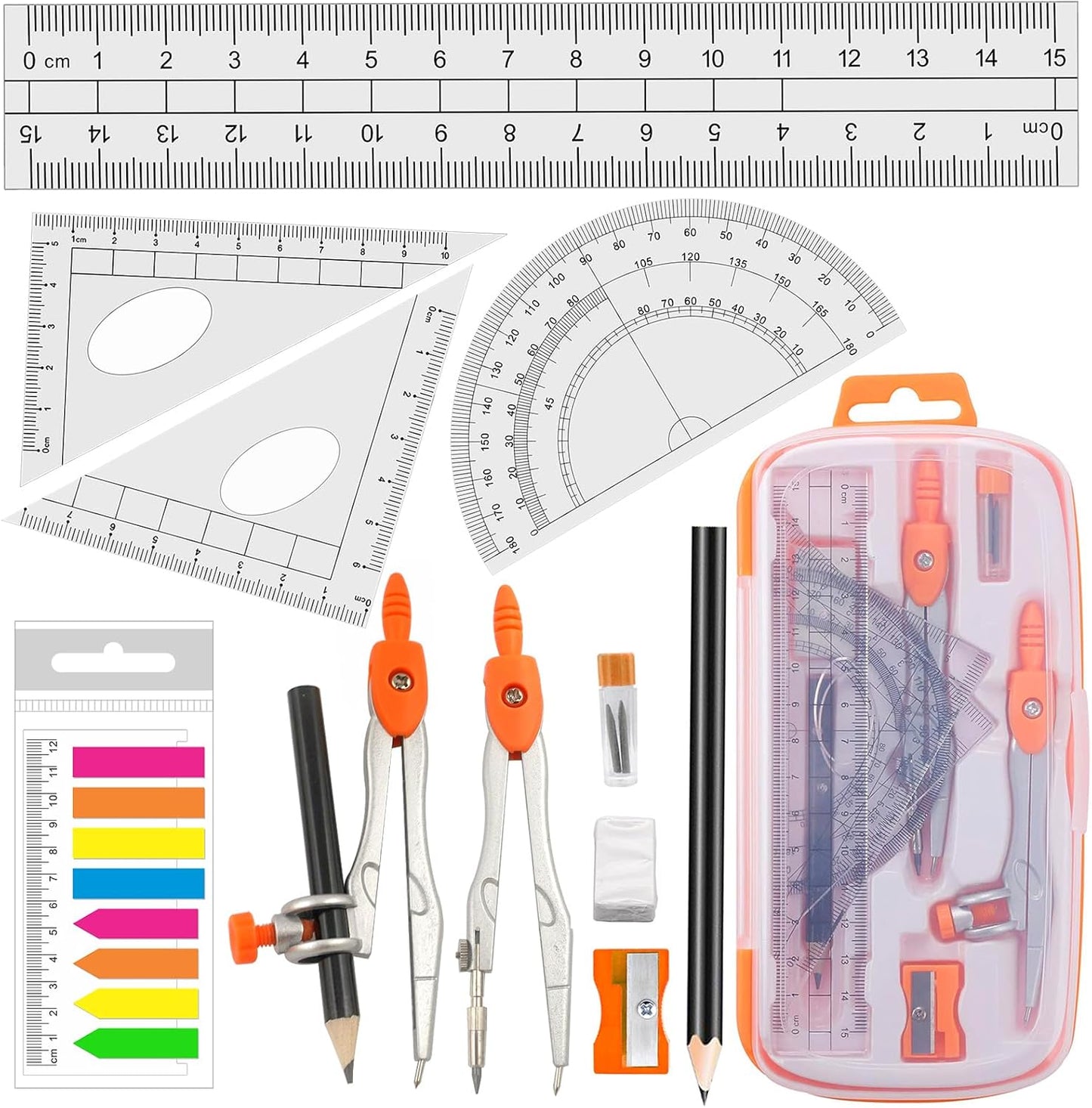 Geometry Compass Set 2 Drafting Compasses with Maths Protractor Set Squares Ruler and More for Students Starters Homework etc. Orange