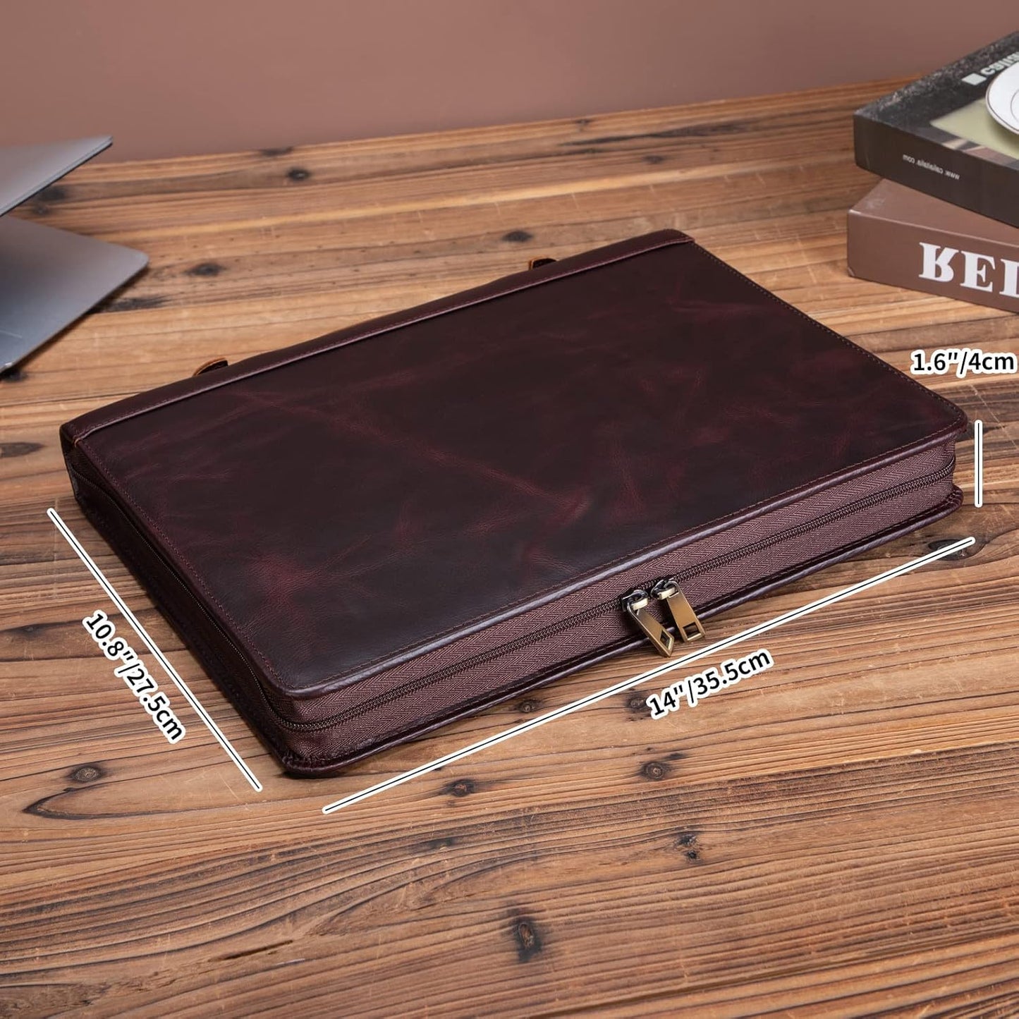 Genuine Leather Portfolio 3 Ring Binder with Clipboard, Hidden Handle, 8.5 x 11 Zippered Padfolio, Business Organizer Professional Executive Folio for Men and Women, Dark Brown, Oil Tanned