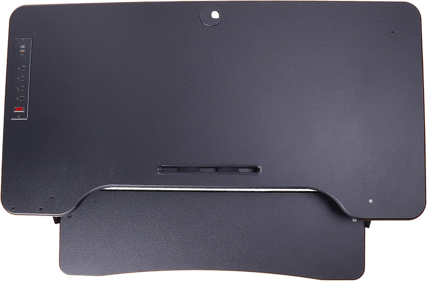 Rocelco 46" Electric Standing Desk Converter with AC Outlet USB Charger and Triple Monitor Arm Mount - Motorized Adjustable Sit Stand Riser - Tabletop Workstation Keyboard Tray - Black (R EDRB-46-DM3)