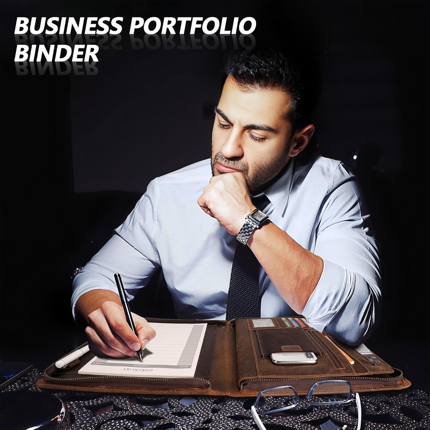 Full Grain Leather Portfolio Padfolio with Zipper, Professional Business Organizer for Men Women, Executive Resume Folder with A4 Notepad Holder, Card Slots, Pen Loop, 10x13'', Luxury Gift Set