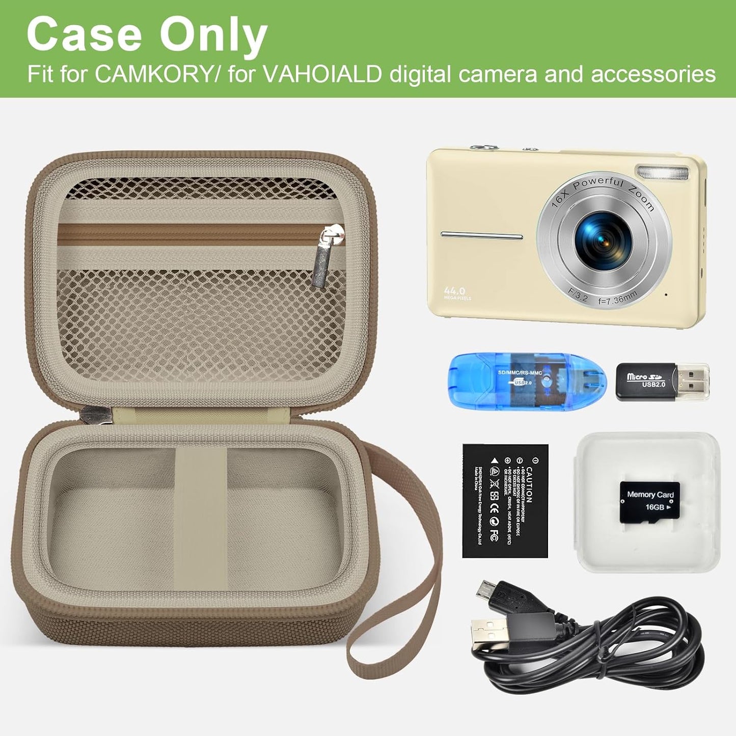 Digital Camera Case Compatible with VAHOIALD FHD 1080P/ for CAMKORY Digital Point and Shoot/for KODAK PIXPRO FZ45-BK 16MP Vlogging/for IWEUKJLO/for Nsoela, Holder for SD Card More- Brown (Box Only)