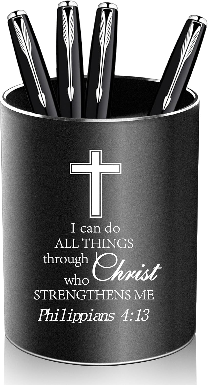 Christian Gifts,Metal Pen Holder Aluminum Pencil Holder for desk,Round Desktop Organizer and Black Pencil Cup for Office, School, Home and Stationary Supplies (Philippians 4:13)