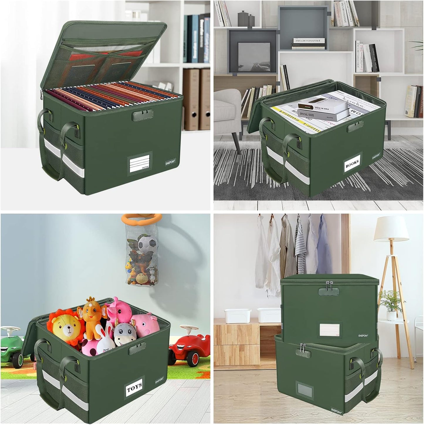 ENGPOW File Box with Lock, Fireproof Document Box with Zipper Lid, Collapsible File Storage Organizer Filing Cabinet with Handle, Portable Home Office Safe for Hanging Letter/Legal Folders, Green