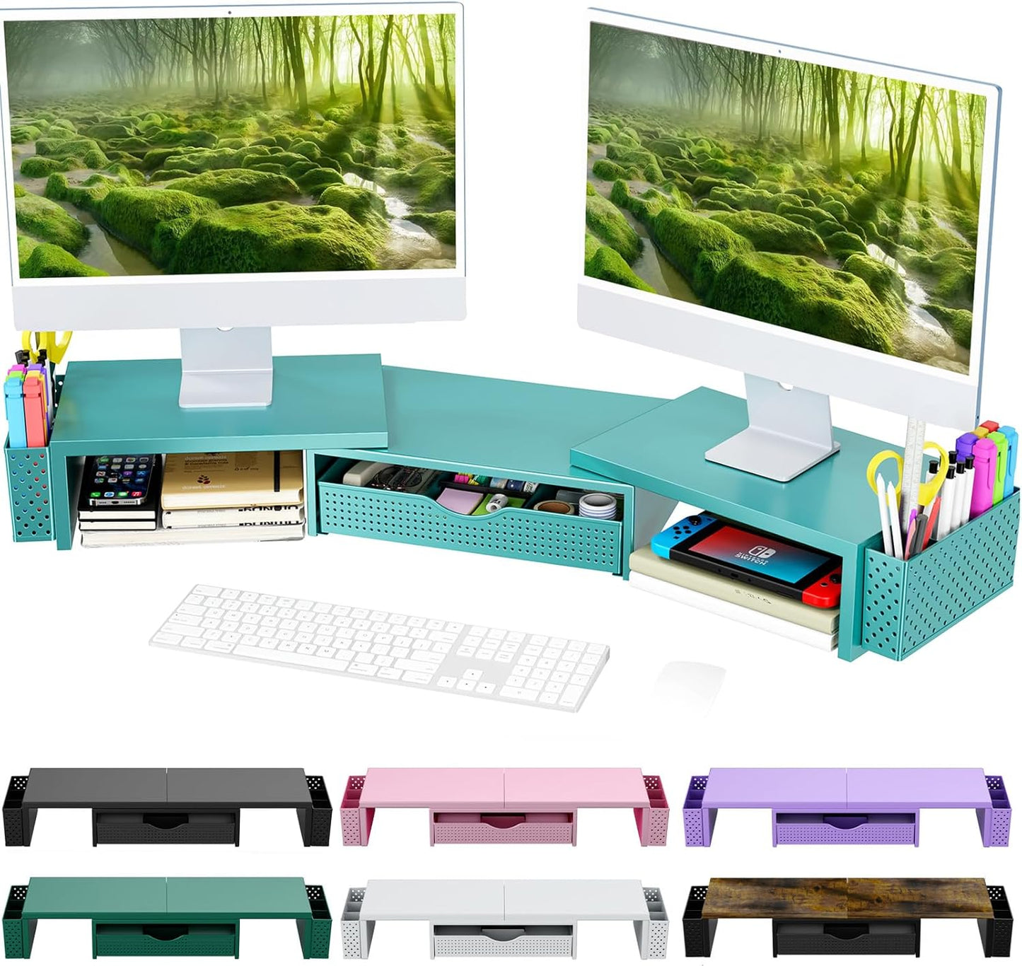 Spacrea Metal Desk Organizers and Accessories, Dual Monitor Stand Riser with Drawer and 2 Pen Holders, Desk Accessories & Workspace Desktop Organizers for Office Supplies (Blue)