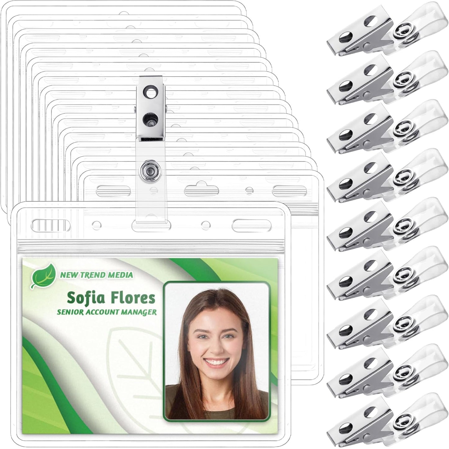 EcoEarth - Horizontal PVC Card Protector with Metal Clips and Vinyl Straps with Soft Edge - Sealable Fits 4x3 inch Inserts - Clear, 100 Pack - Waterproof ID Holder Bulk - ID Card Holder