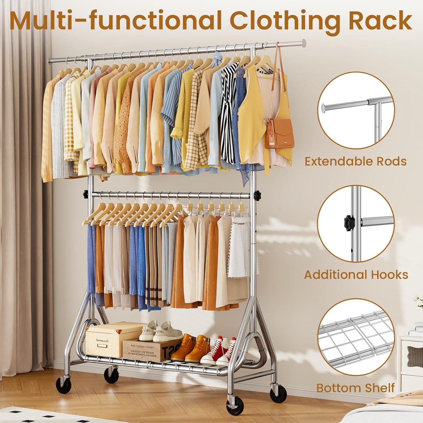Double Rods Clothing Rack, Heavy Duty Clothes Rack for Hanging Clothes Load 560LBS, Metal Rolling Garment Racks with Wheels, Freestanding Clothes Hanging Racks, Silver