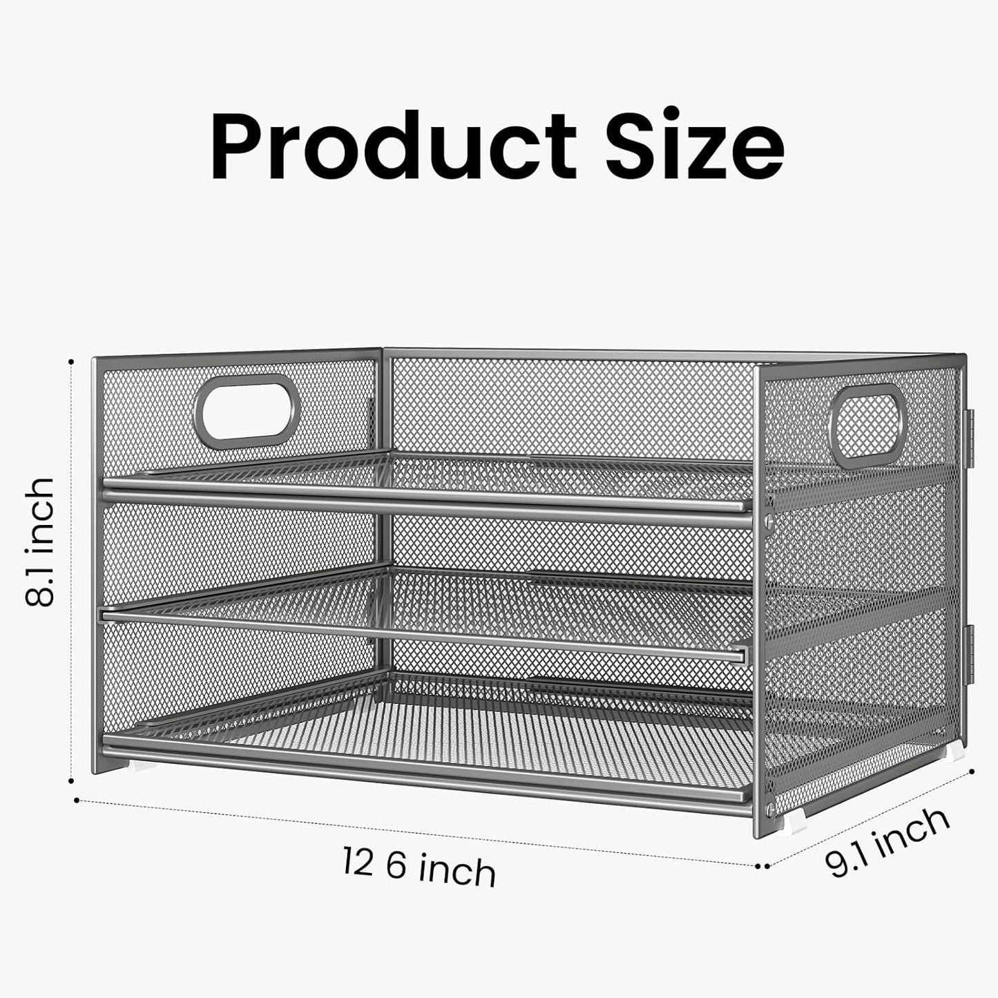 Subekyu 2-Pack 3-Tier Gray Metal Mesh Desk Paper Letter Tray & File Sorter Organizer with Handle + 1 Sliding Tray for Desk, Home, Office, School Supplies, A4 Paper and Accessories Storage