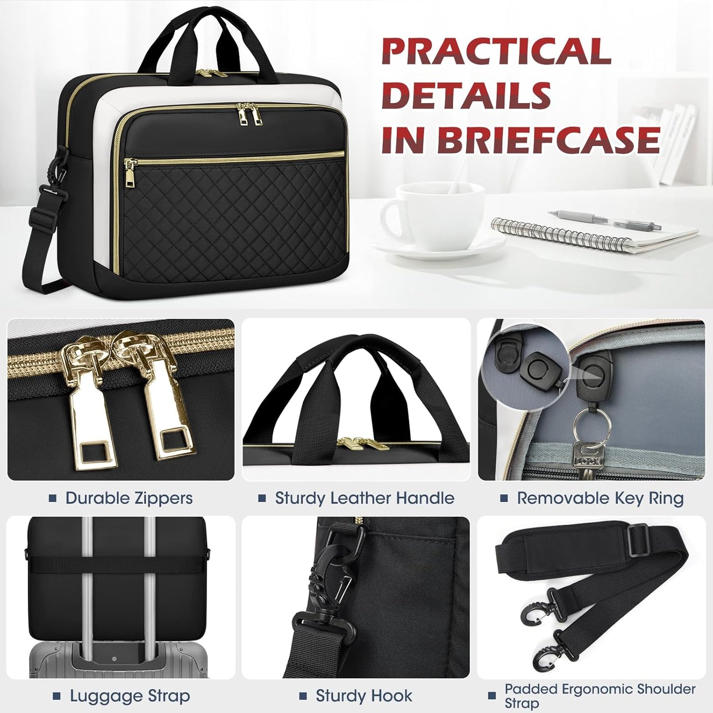 NEWHEY Laptop Bag 17.3 Inch Laptop Briefcase for Women Men Waterproof Shoulder Messenger Bag Large Computer Bag for Business Office Work College, Black&Beige