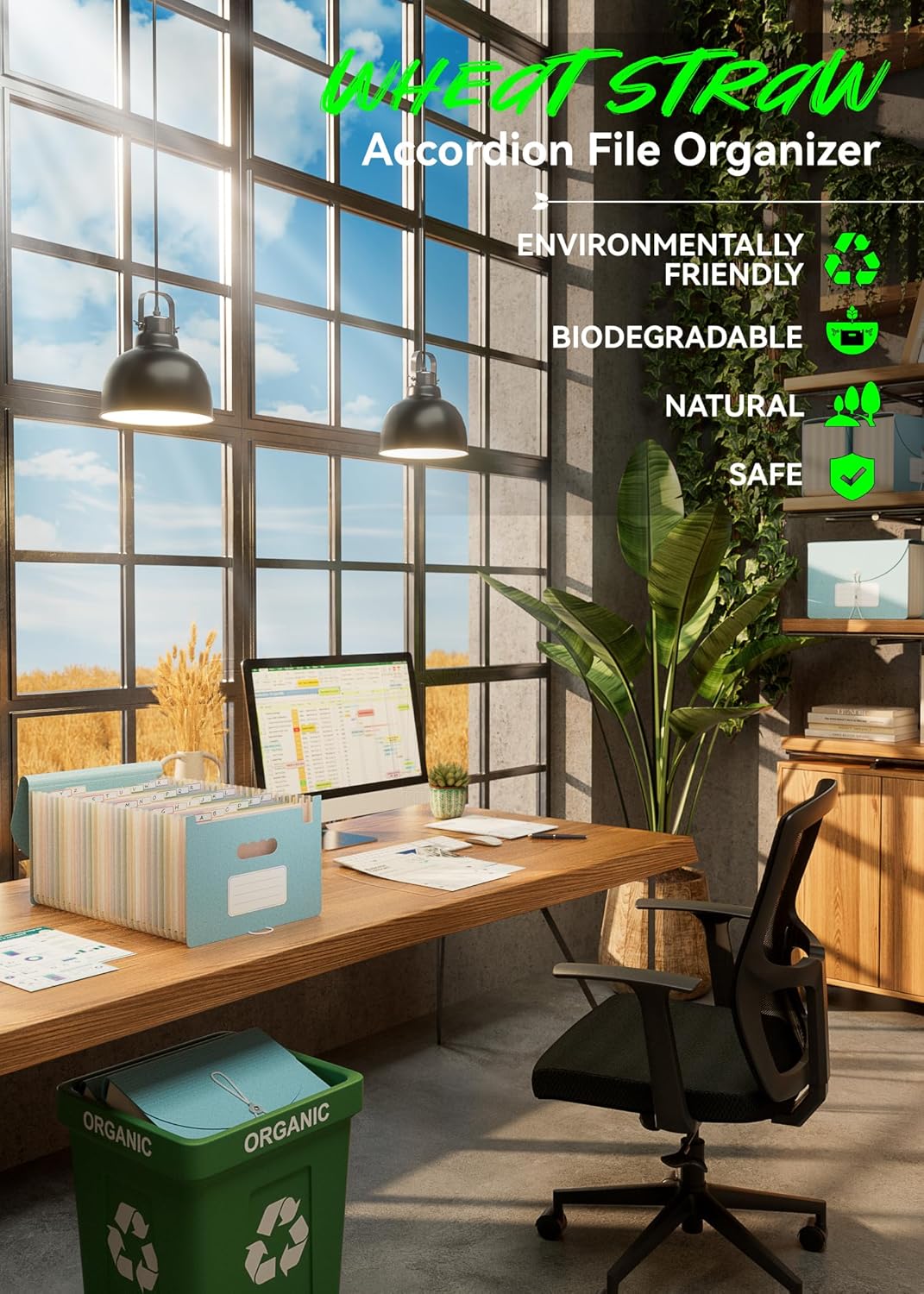 Accordion File Organizer, 26 Pockets Wheat Straw Expanding File Folder, Monthly Bill Receipt Organizer, A-Z Tabs, 100% BPA Free, Return to Nature, Healthy Living, Letter/A4 Size - Sky Blue