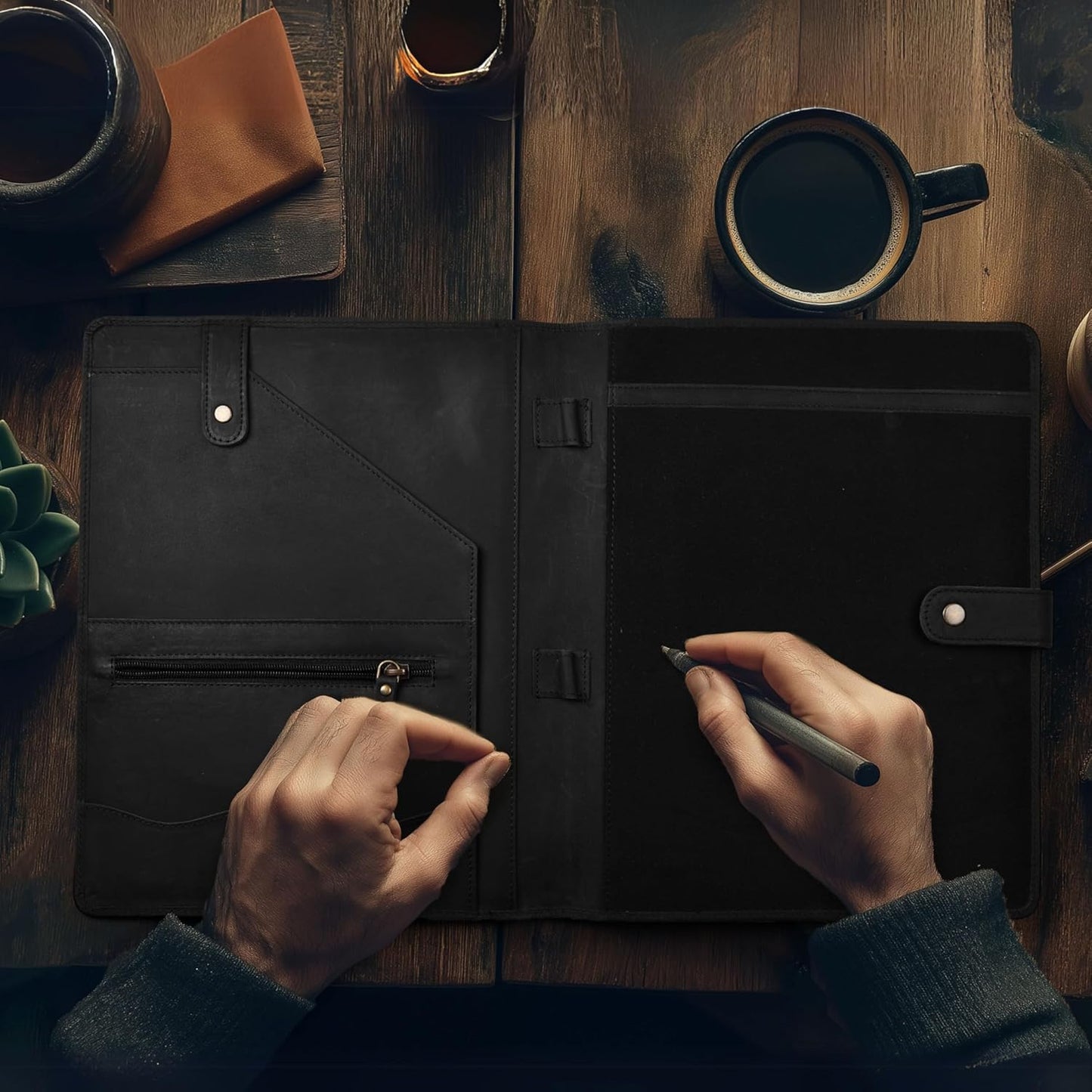 Genuine Leather Portfolio – Sleek Black Professional Organizer & Resume Folder, Antique Leather Business Document Padfolio with Writing Pad, Ideal Gift for Men & Women
