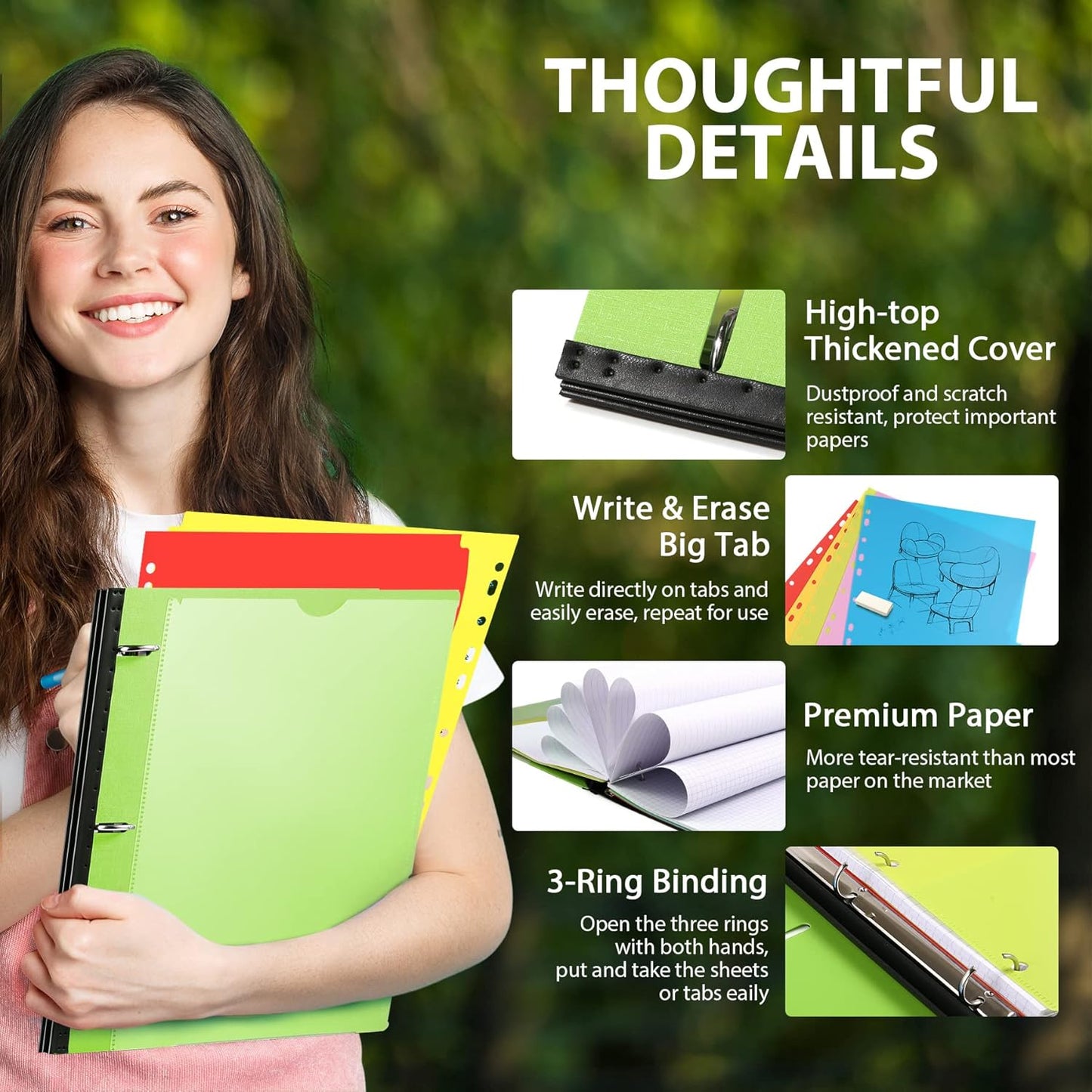 WOT I 1-Pack Telescoping 3 Ring Binder Notebook - Customizable Cover, 5 Dividers & Pocket Folder in One Slim Organizer (60 Sheets Included), Green