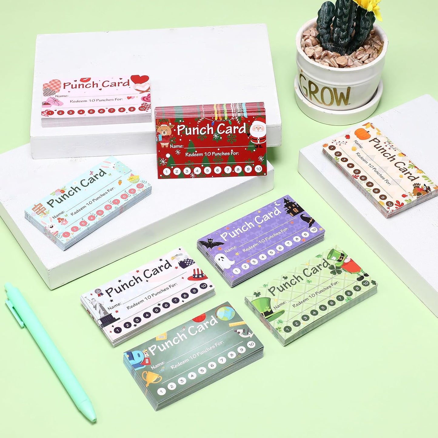 Fumete 400 Pcs Punch Cards for Classroom Reward Cards Behavior Incentive Loyalty Awards for Kids Students Teachers School Business, 8 Styles, 3.5 x 2 in(10 Holiday Punches Style)