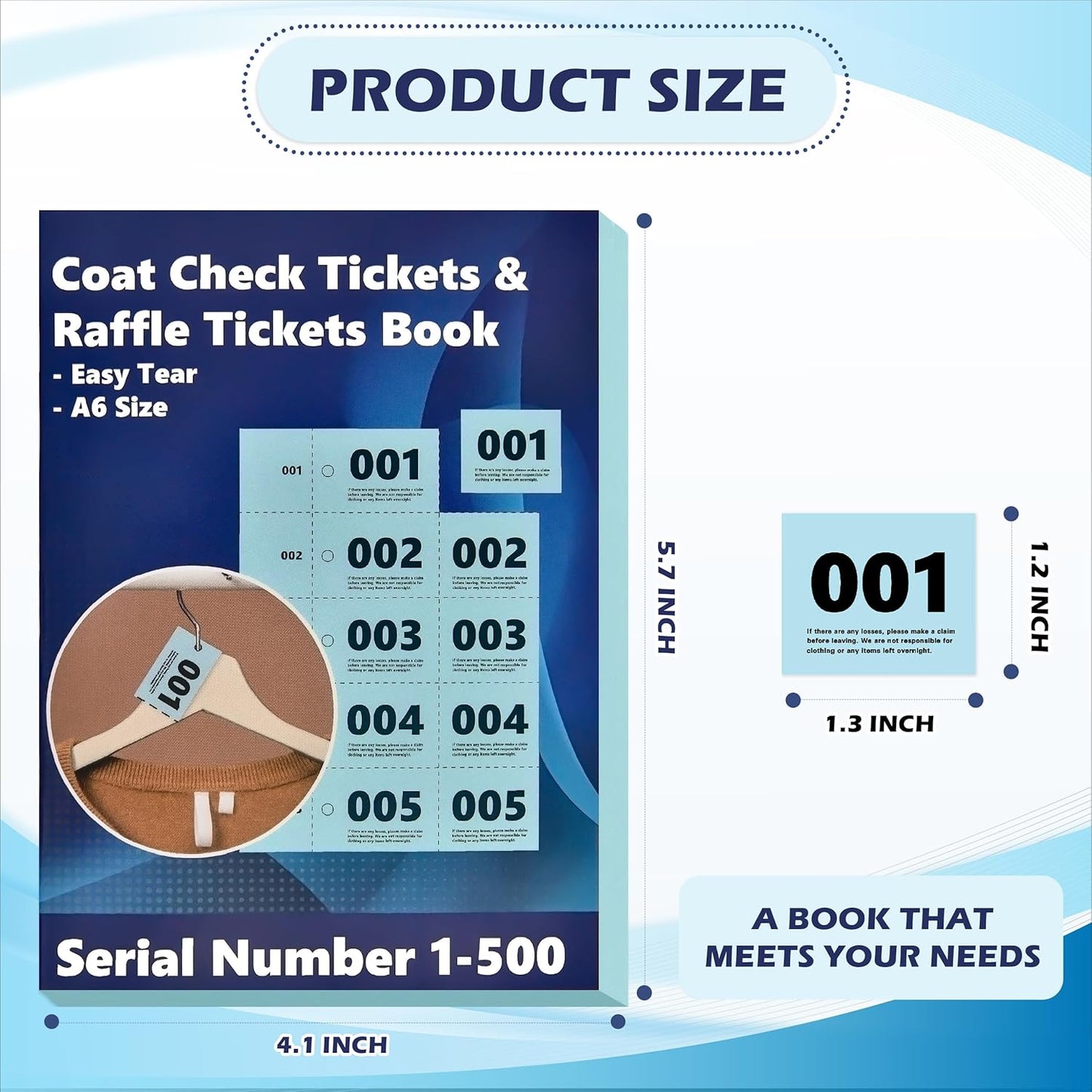 1000 Pcs Coat Check Tickets 2 Part Book Bulk (2 Pack of 1-500) 5.8x4.2 Inch A6 Paper Coat Room Tags Raffle Tickets Coat Check Tags with Hole for Cloakroom Storage or Event Raffle Draws (Blue) (2)