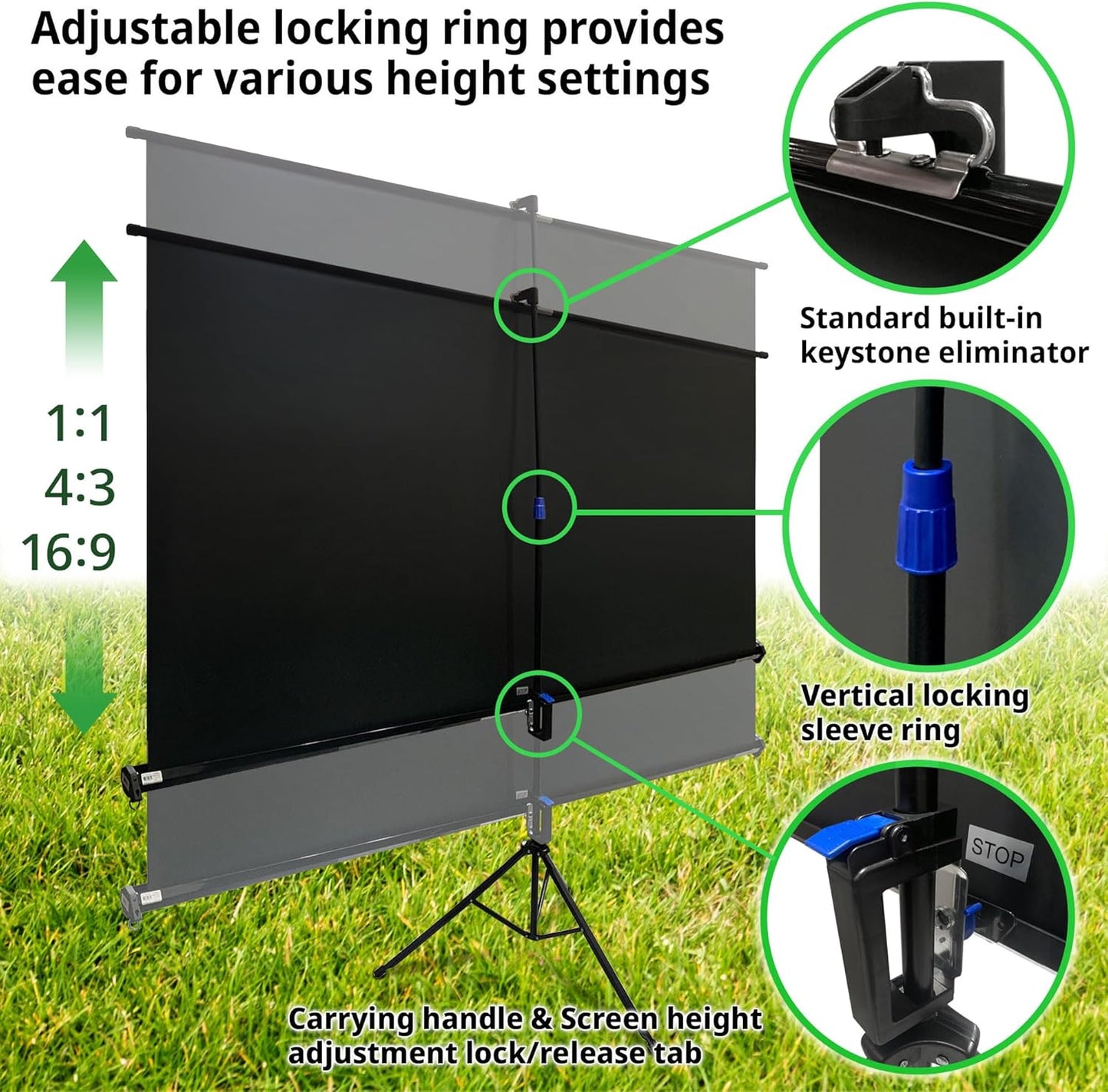 Elite Screens Tripod, 100-Inch 16:9 Portable Projector Screen with Stand– MaxWhite 2, 1.1 Gain, Adjustable Indoor Outdoor Pull Up Projection Screen for Home Theater, Office & Classroom, T100UWH, Black