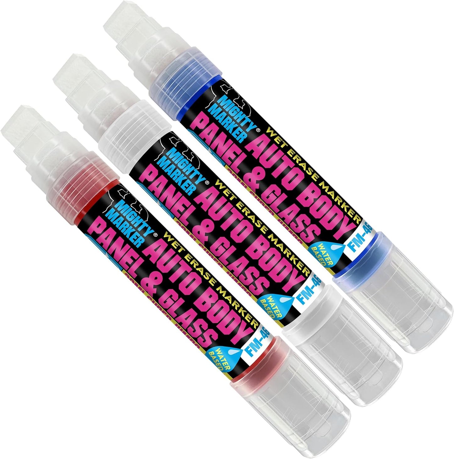 FM-46 Auto Body and Glass Super Jumbo Paint Marker, No-Ghost Formula, Water-Resistant, Valve Action, Removable, Water-Based, 30ml Capacity, Made in USA, Assorted 3 Pack