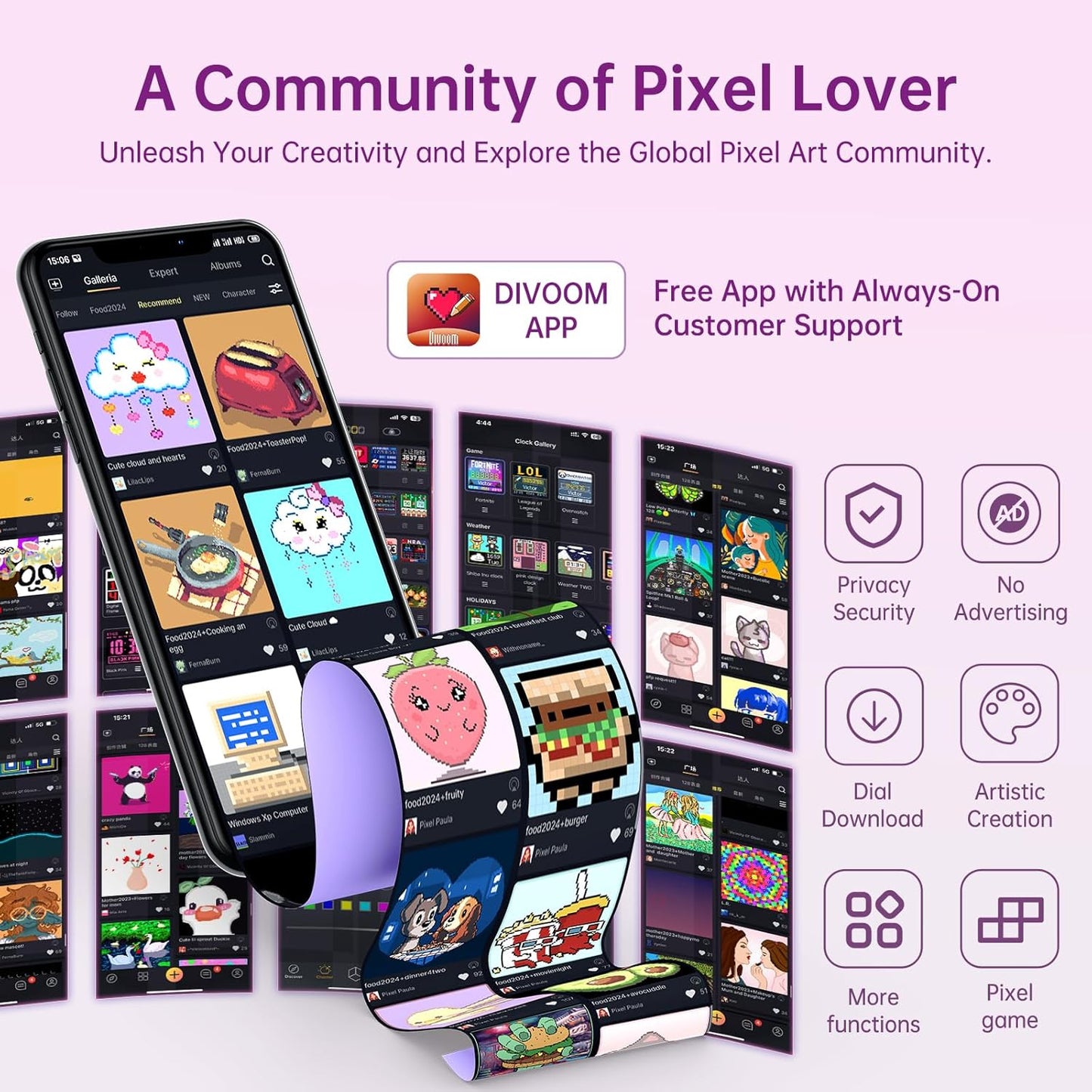 Divoom Times Gate - Cute Gaming Digital Clock with Smart App-Controlled, Support Weather Forecast, Stock Market/Exchange Rate, Social Media, Pixel Art Display for Gamers & Home Office Decor (Pink)