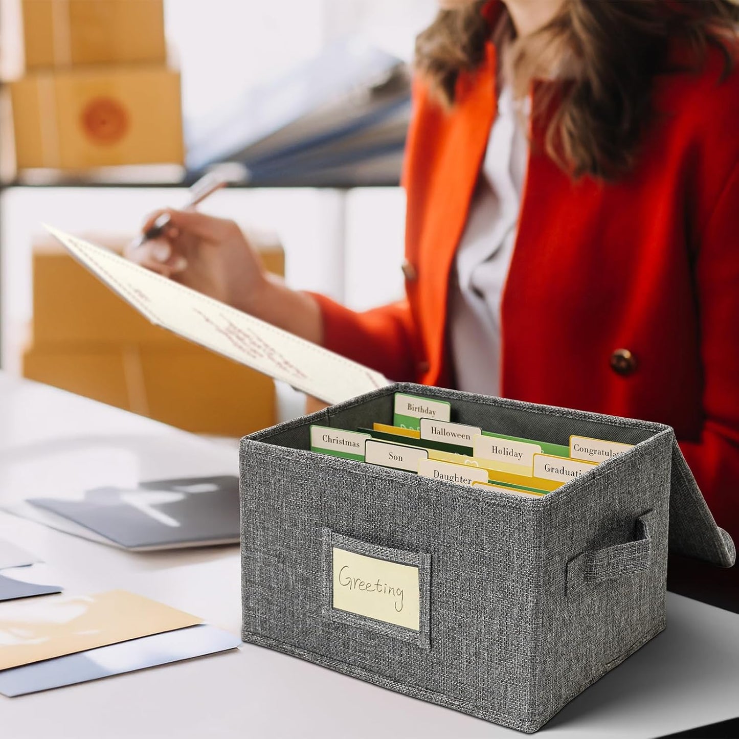 Vienrose Greeting Card Organizer Storage Box with 20 Removable Dividers, 84 Self-stick Labels, Perfect for Photos, Envelopes, Scrapbooking, Paper, Stickers Holder 2 Pack Grey