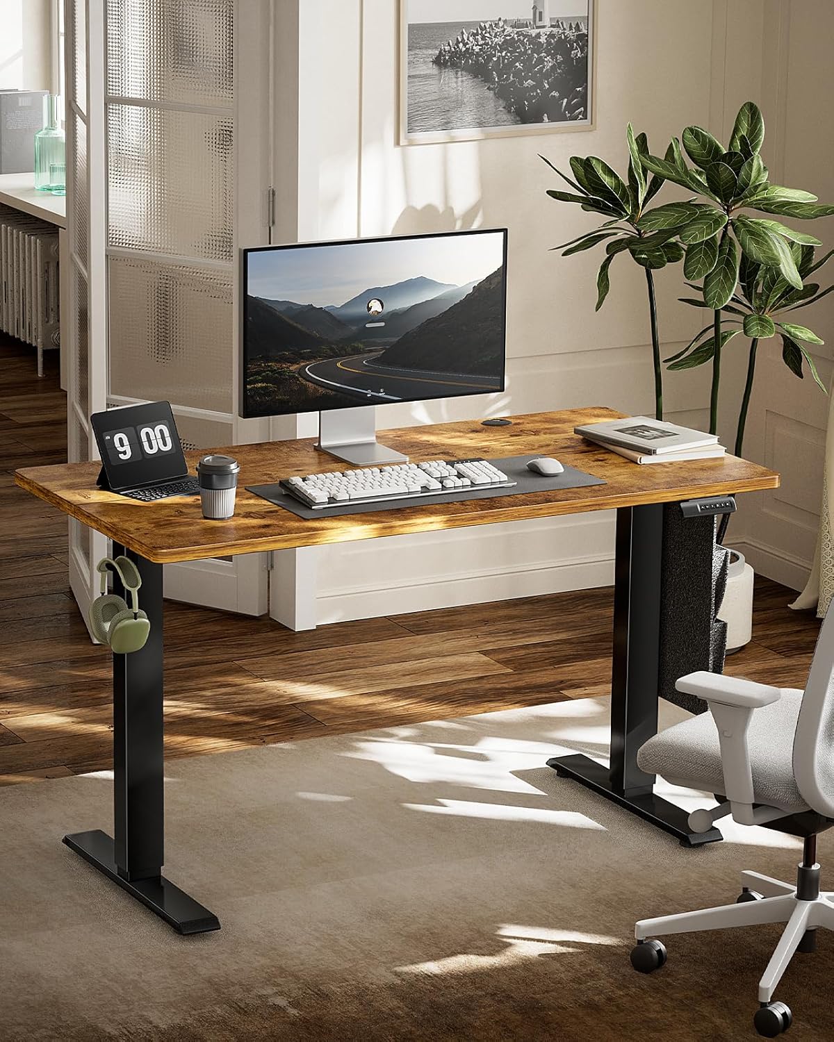 Marsail Standing Office Desk,Adjustable Heights,Stand Up Desk,55x28 Inches Desktop Sit Stand Home Office Gaming Computer Desk with 4 Memory Presets,Headphone Hook,Cable Organizer, Rustic Brown