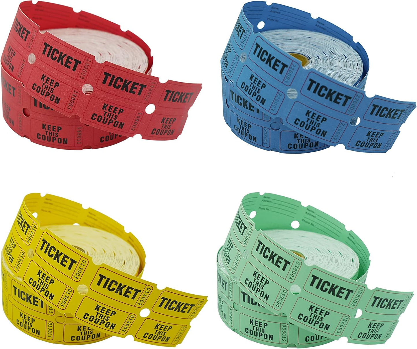 DNB 4000 Pairs Raffle Tickets - 4 Color Set of 1000 2 x 2 Inch 50/50 Double Roll Raffle Tickets - Blue/Yellow/Red/Green