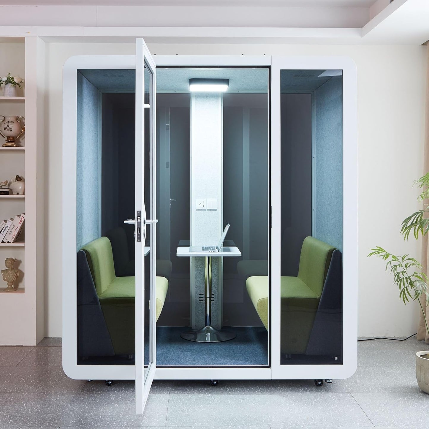 GEARONIC Mobile Office Pod Booth, Sound Proof Office Pod Booth with Mobile Roller, Larger Space for 2-4 People, LED Lighting System,Fans and AC USB Ports（White-Grey）