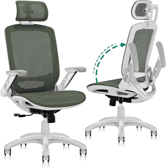 GABRYLLY Ergonomic Office Chair, High Back Home Desk Chair with Headrest, Flip-Up Arms, 90-120° Tilt Lock and Wide Cushion, 400LBS Mesh Chairs for Man Woman, White Task Chair(Olive Green,GY01WOG)