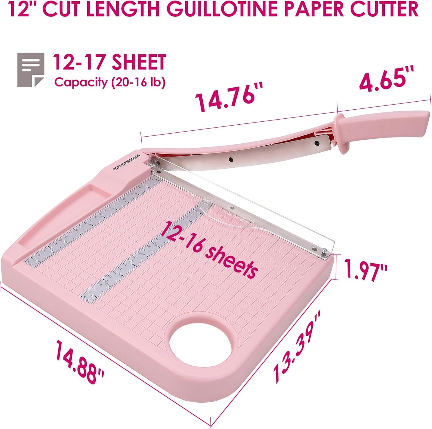 Paper Cutter,Paper Trimmer12 Cutting Length Heavy Duty Guillotine Paper Slicer with Safety Guard and Blade Lock,12 Sheets Capacity,Ideal for Offices,Homes,Printing Shops,Photo Studios (13079PINK)