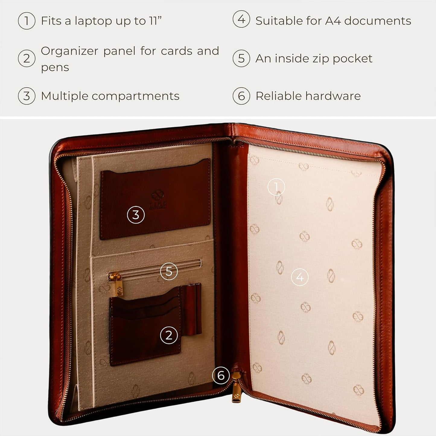 Time Resistance Leather Portfolio - A4 Document Folder - Italian Handcrafted Padfolio Organizer (Cognac Brown) - Gift Box Included